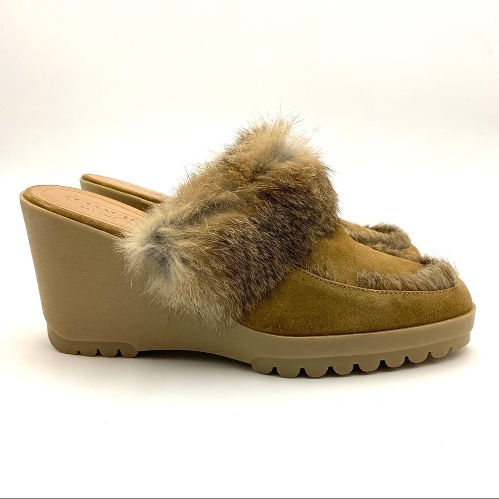 COACH Kaela Rabbit Fur Platform Tan Wedge Mule Clog Heels Italy Women's 11B